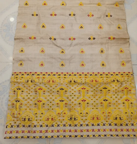 Muga Mekhela Sador with Golden Guna & Multicolor Thread Work - Image 2