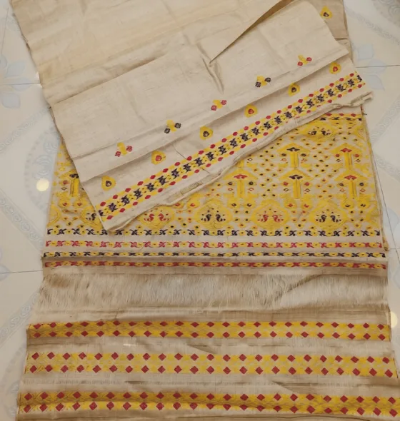 Muga Mekhela Sador with Golden Guna & Multicolor Thread Work - Image 3