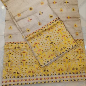 Muga Mekhela Sador with Golden Guna & Multicolor Thread Work