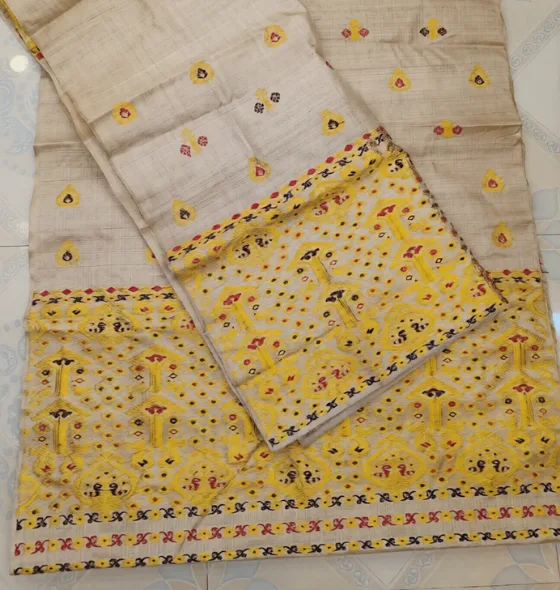 Muga Mekhela Sador with Golden Guna & Multicolor Thread Work