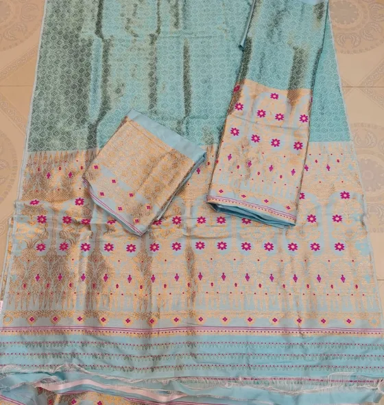 Pure Paat Sador mekhela in light blue color in Heavy guna work. - Image 2